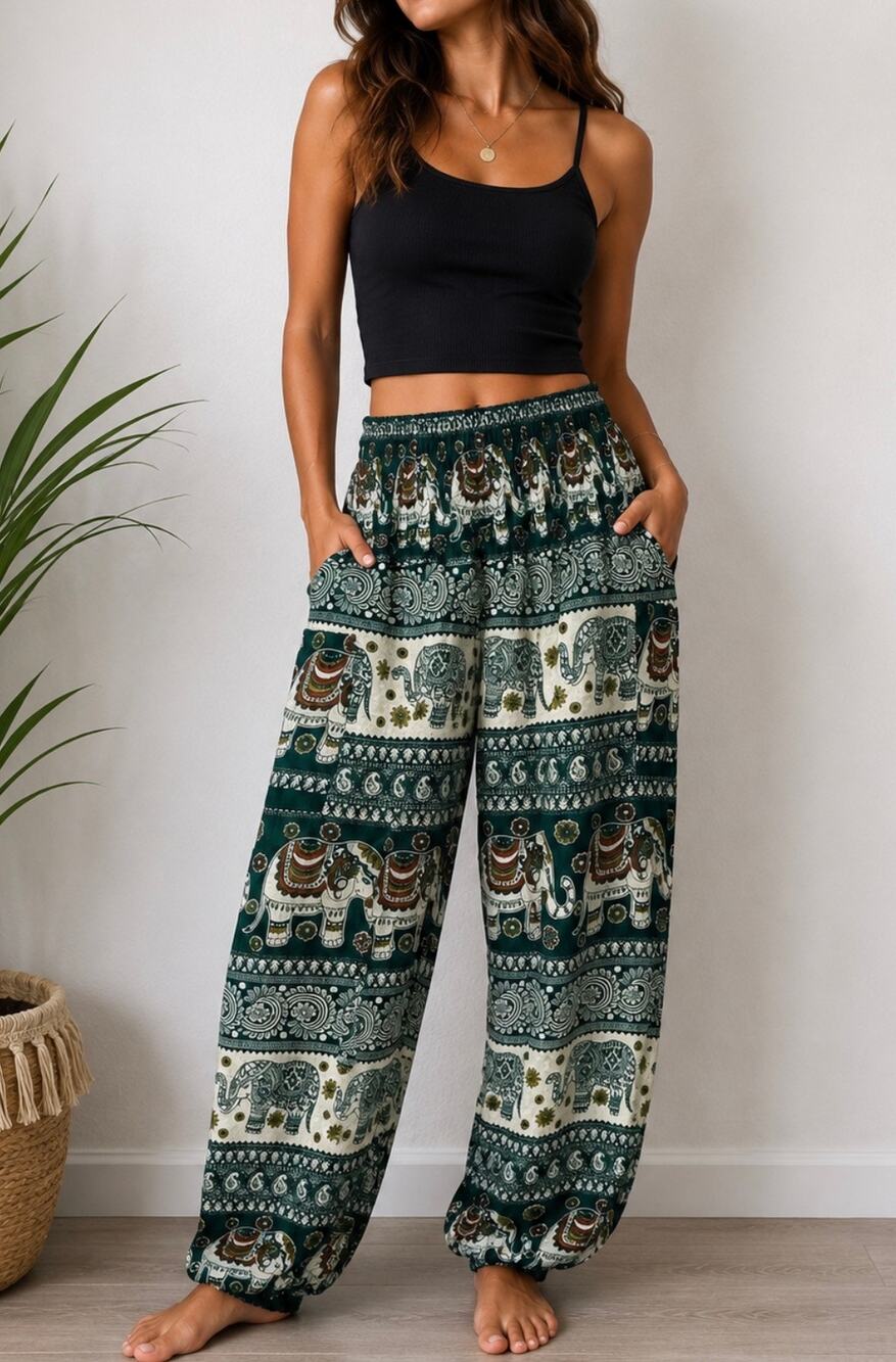 Boho Elephant Print Wide-Leg Pants in Green - Picture 1 of 6